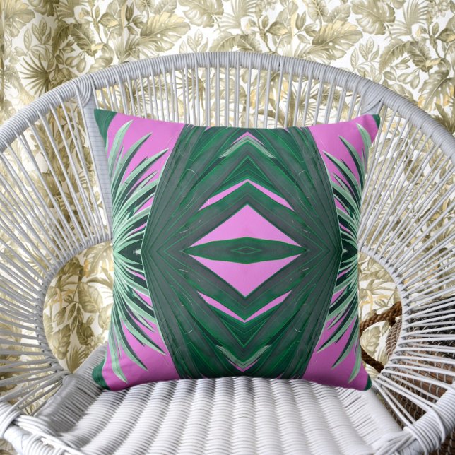 Coussin Style Art Déco Palm Vert Franges Rose (Créateur téléchargé)