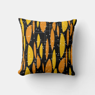 Coussin Style atomique, motif géométrique noir orange.