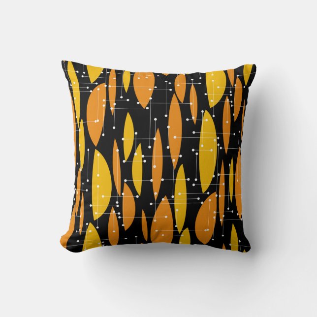 Coussin Style atomique, motif géométrique noir orange. (Recto)