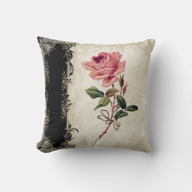 Coussin Style baroque Vintage Rose noir n crème dentelle (Recto)