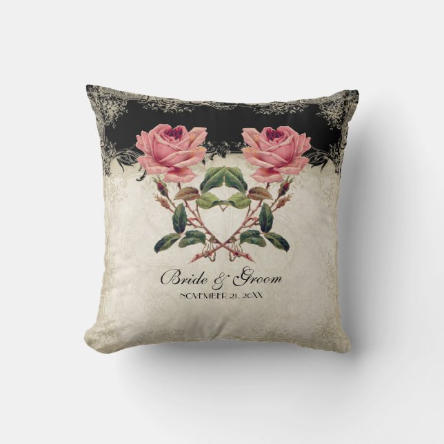 Coussin Style baroque Vintage Rose noir n crème dentelle (Recto)