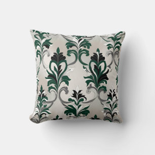 Coussin Style Damassé Vert, Noir, Blanc et Argent