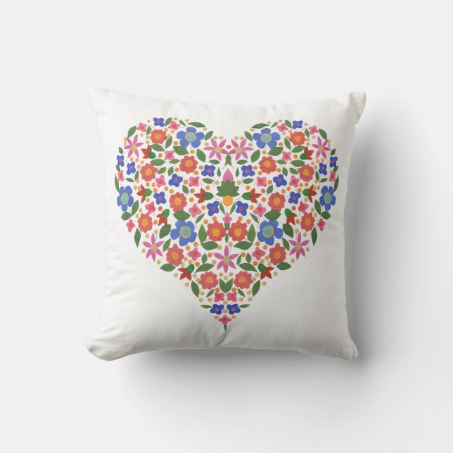 Coussin Style d'art populaire chic Coeur floral sur blanc (Recto)