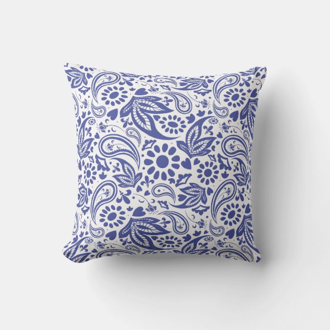Coussin Style de Hampton bleu et blanc Paisley (Recto)