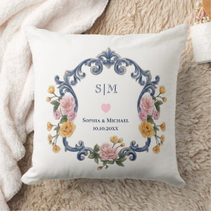 Coussin Style Élégant Mariage Bleu Monogramme et Floral