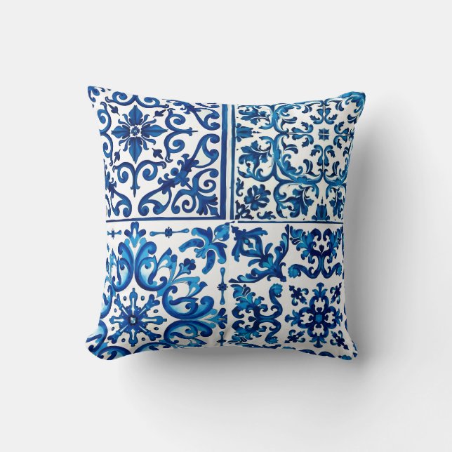Coussin style italien, méditerranéen, mosaïque, bleu, (Recto)