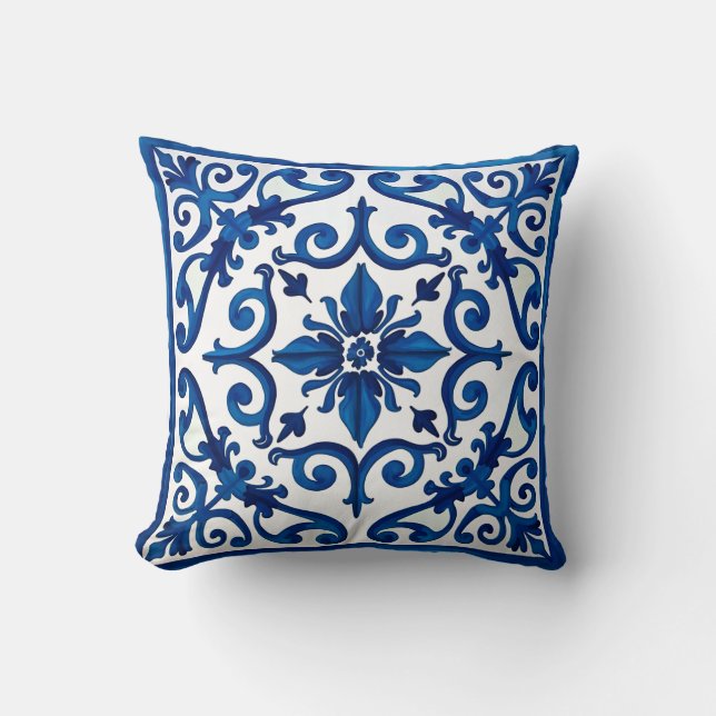 Coussin style italien, méditerranéen, mosaïque, bleu, (Recto)