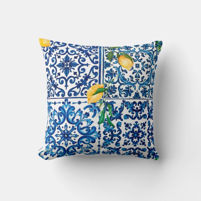 Coussin style italien, méditerranéen, mosaïque, bleu, citr (Recto)