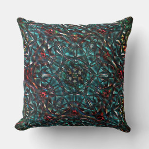 Coussin style kaléidoscope vieux métal chrome bleu vert