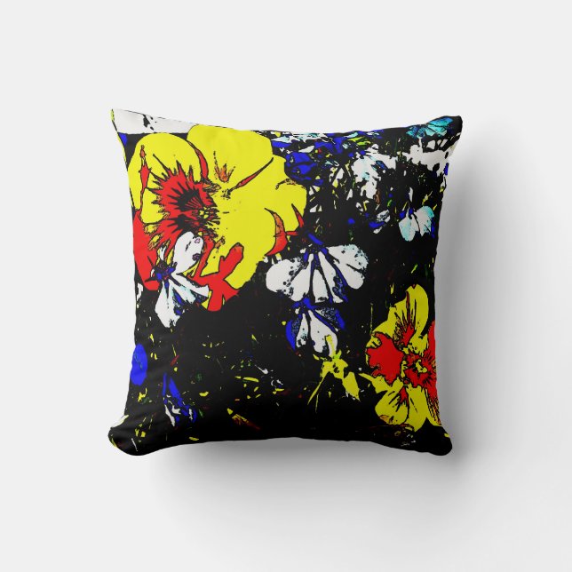Coussin style pop art rouge jaune bleu et blanc fleurs (Recto)