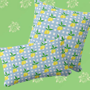 Coussin Style Retro Preppy Citrons Jaunes Bleu Blanc Chèqu