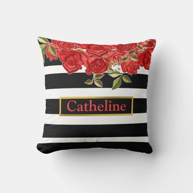 Coussin Stylish Monogram rouge floral noir rayures blanche (Recto)