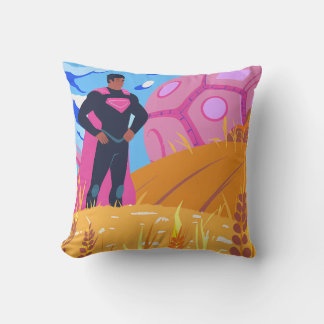 Coussin Stylized Superhero in Field with Alien Object