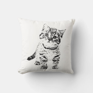 Coussin Stylo en encre de chat mignon Croquis noir blanc