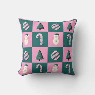 Coussin Sucre de canne de Noël bonhomme de neige rose cyan