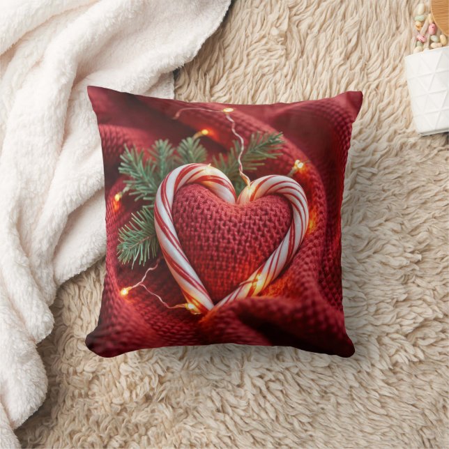 Coussin Sucre de canne de Noël Coeur avec lumières (Couverture)