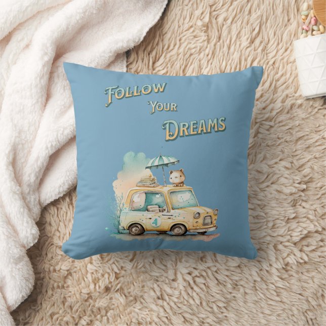 Coussin Suivez vos rêves jolie petite voiture aquarelle bl (Couverture)