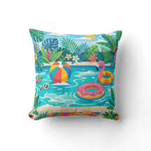 Summer Pool Party Illustration Throw Pillow
