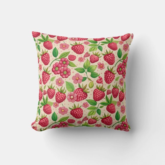 Coussin Summer Raspberry Garden Botanical Fruit Pattern (Recto)