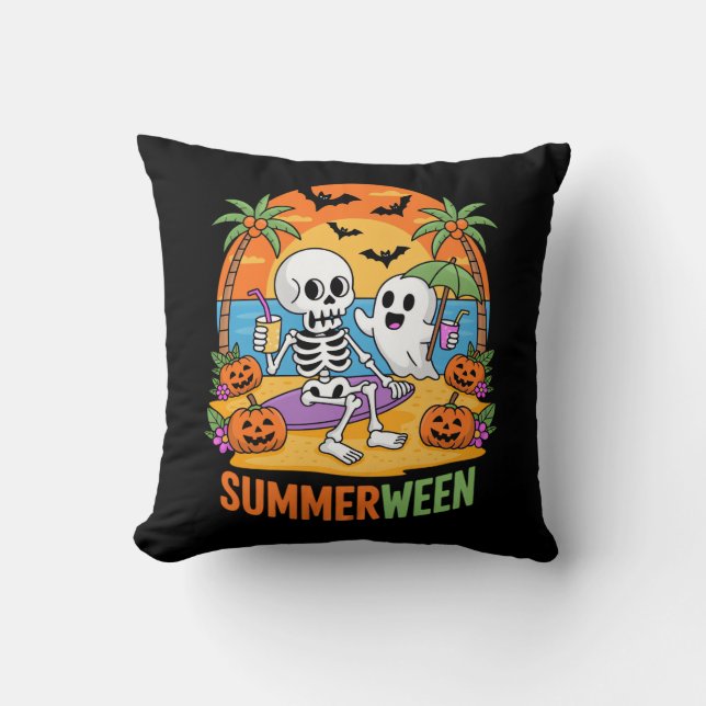 Coussin Summerween Skeleton Ghost Beach Halloween Fu (Recto)