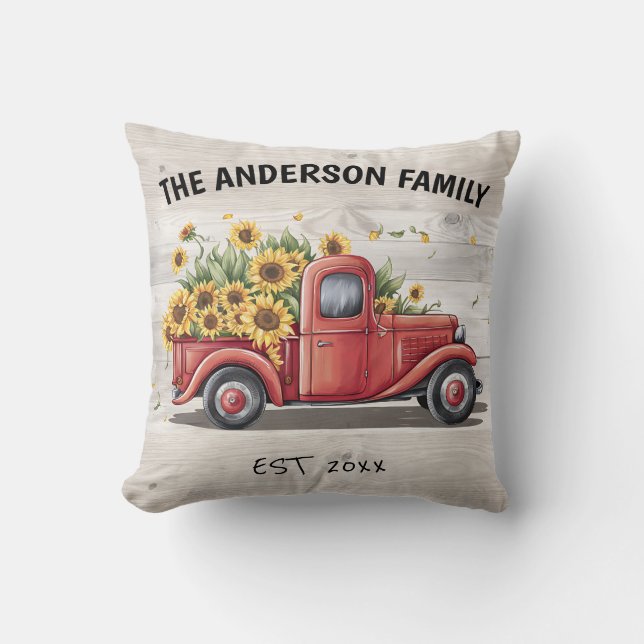 Coussin Sunflowers Red Truck Nom de famille personnalisé (Recto)