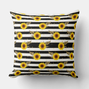 Coussin Sunflowers with Black and White Horizontal Lines