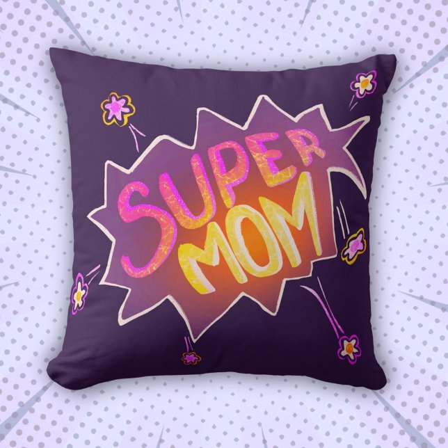 Coussin Super Mom Neon Flower Comic Bubble Fête des mères (Créateur téléchargé)