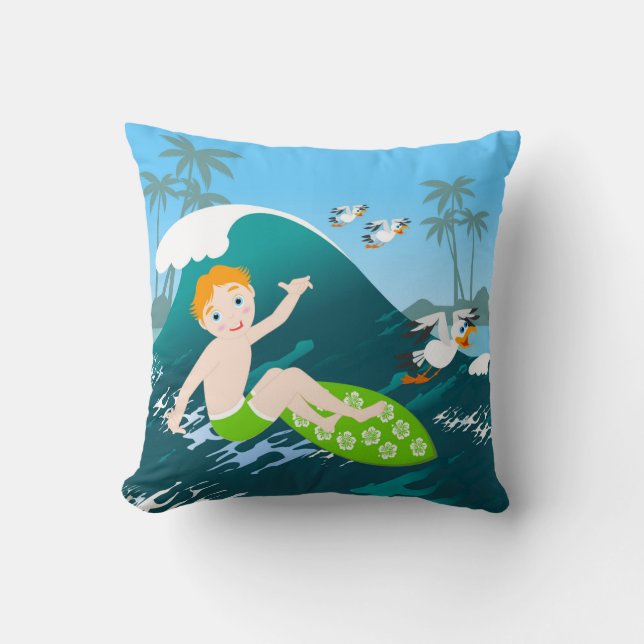Coussin Surfs de garçon grande vague fête d'anniversaire (Recto)