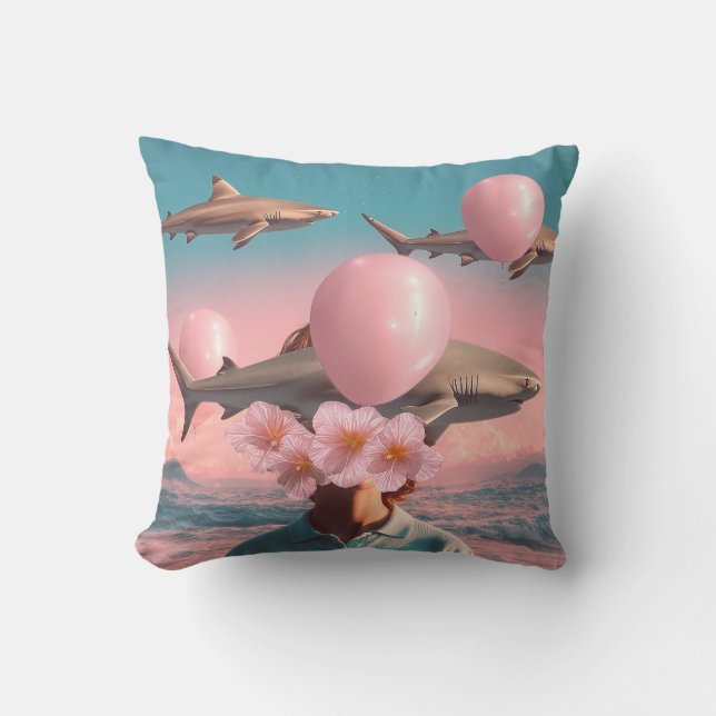 Coussin Surreal Dreamscape with Sharks and Balloons (Recto)
