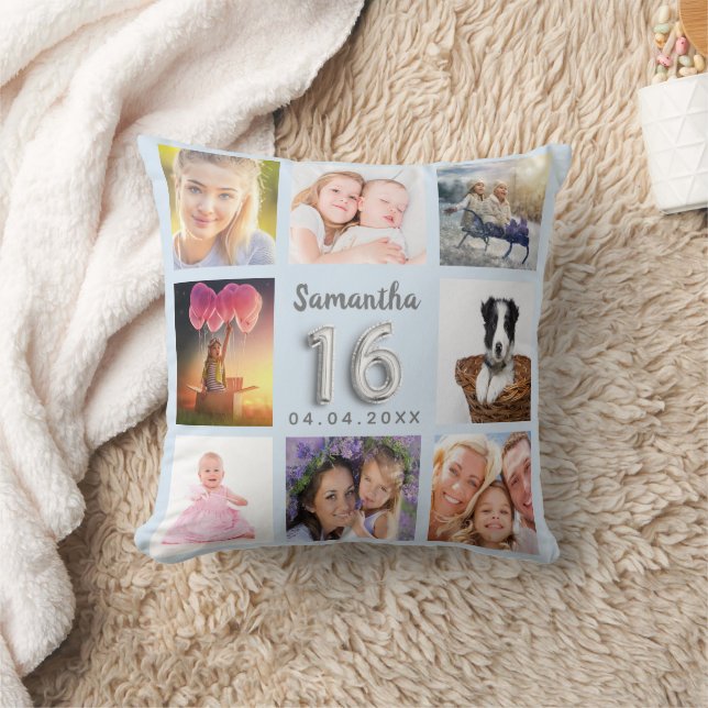 Coussin Sweet 16 bébé bleu argent collage photo (Couverture)