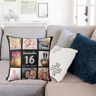 Coussin Sweet 16 collage photo personnalisé noir argent