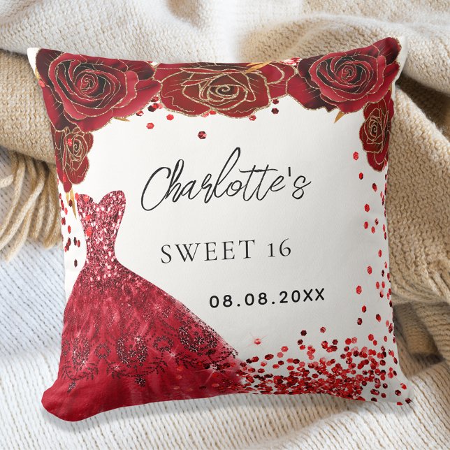 Coussin Sweet 16 fleurs de robe rouge blanc (Créateur téléchargé)