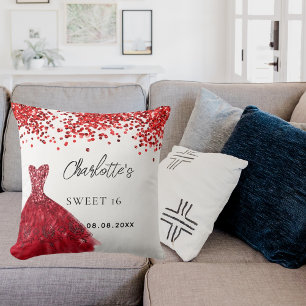 Coussin Sweet 16 robe rouge nom blanc