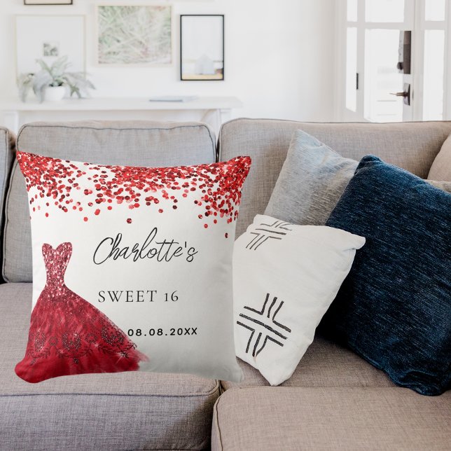 Coussin Sweet 16 robe rouge nom blanc (Créateur téléchargé)