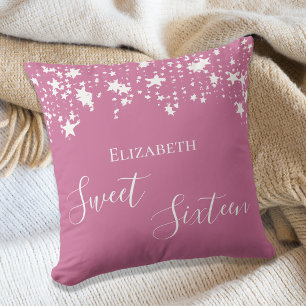 Coussin Sweet 16 rose blanc étoiles nom