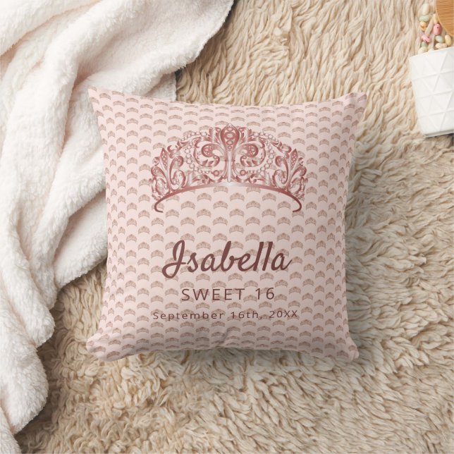 Coussin Sweet 16 rose or blush tiara couronne monogramme (Couverture)