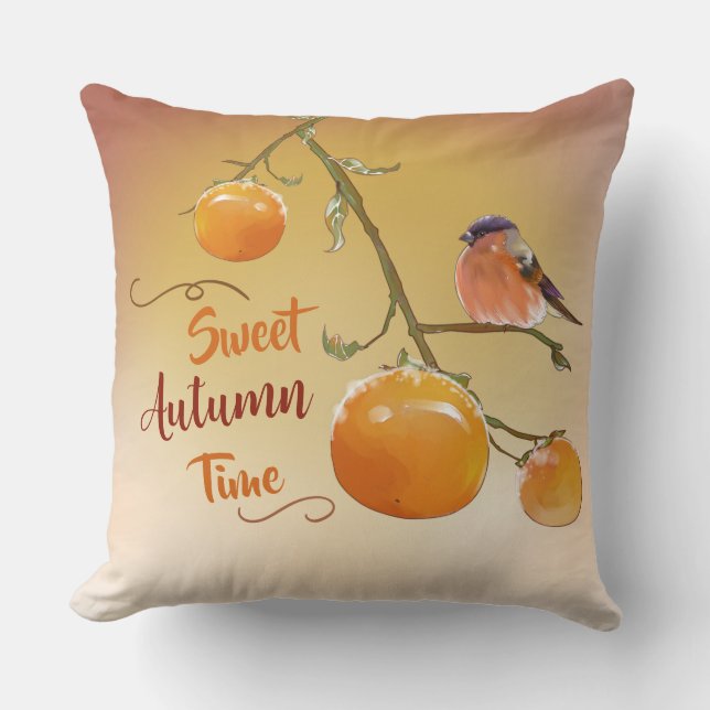 Coussin Sweet automne Orange Persimmon Fruits & Oiseau (Recto)