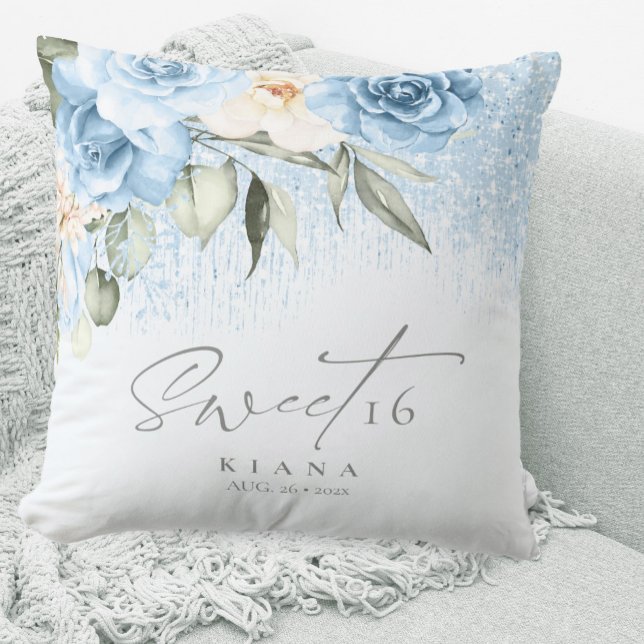 Coussin Sweet sixteen floral étincelants bleu ID912 (Créateur téléchargé)