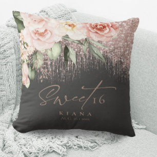 Coussin Sweet sixteen floral étincelles Rose or/noir ID912