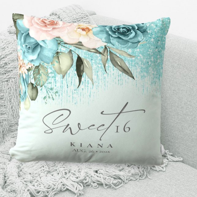 Coussin Sweet sixteen Floral Sparkles ID Turquoise912 (Créateur téléchargé)