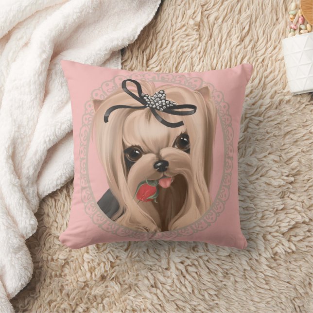 Coussin Sweet Yorkie Chiot Rose Rouge Floral (Couverture)