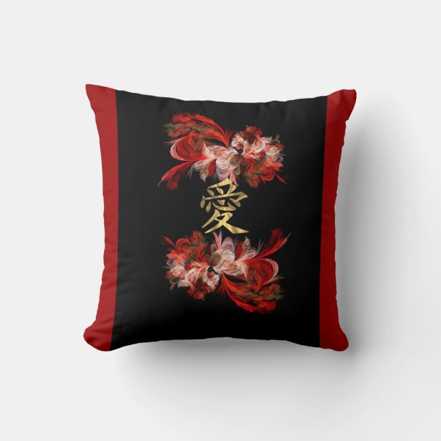 Coussin Symbole chinois d'amour sur la fractale rouge (Recto)