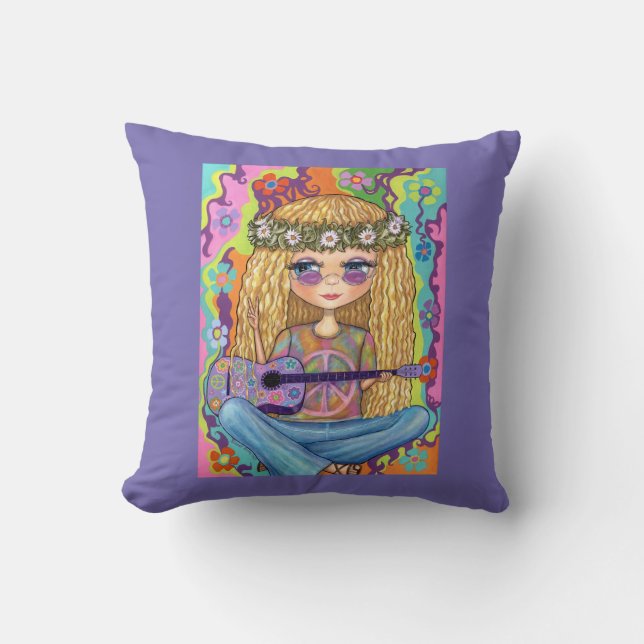 Coussin Symbole de Paix de Guitare violette Chick Hippie C (Recto)