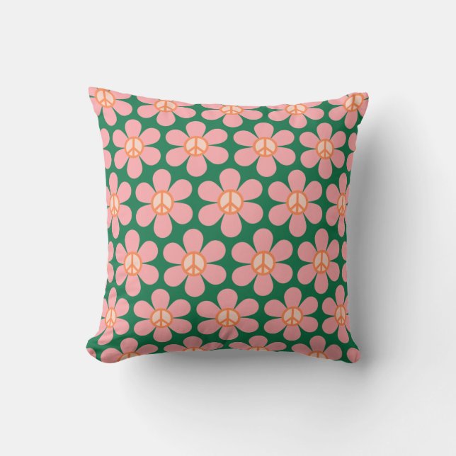 Coussin Symbole de Paix Hippie Rétro Fleur Vert et Rose (Recto)