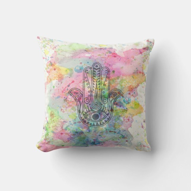 Coussin Symbole main HAMSA Aquarelle colorée (Recto)