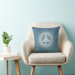 Coussin SYMBOLE PAIX Hippie Daisy Denim Jeans Bleu