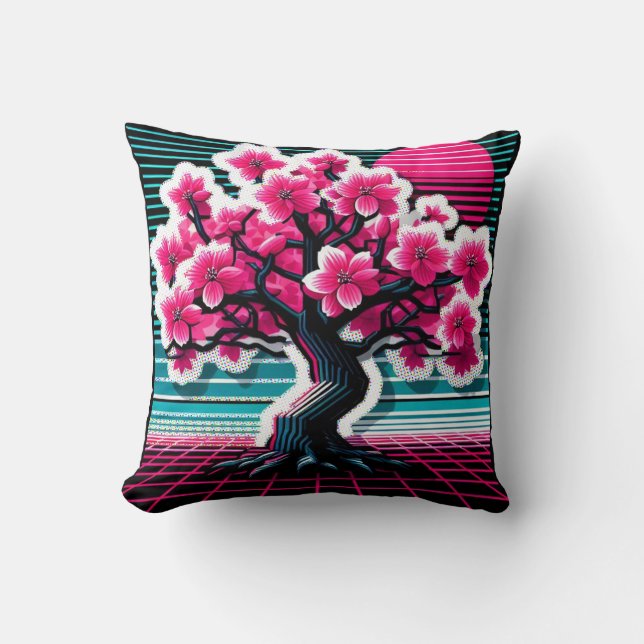 Coussin Synthwave de l'arbre de fleurs de cerisier 803 (Recto)