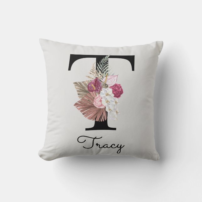 Coussin T initiale florale rose personnalisée (Recto)