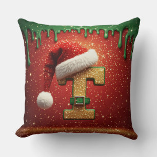Coussin T monogramme de Noël personnalisé avec chapeau de