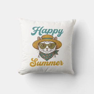 Coussin T-shirt design vintage gravure chat été heureux_1